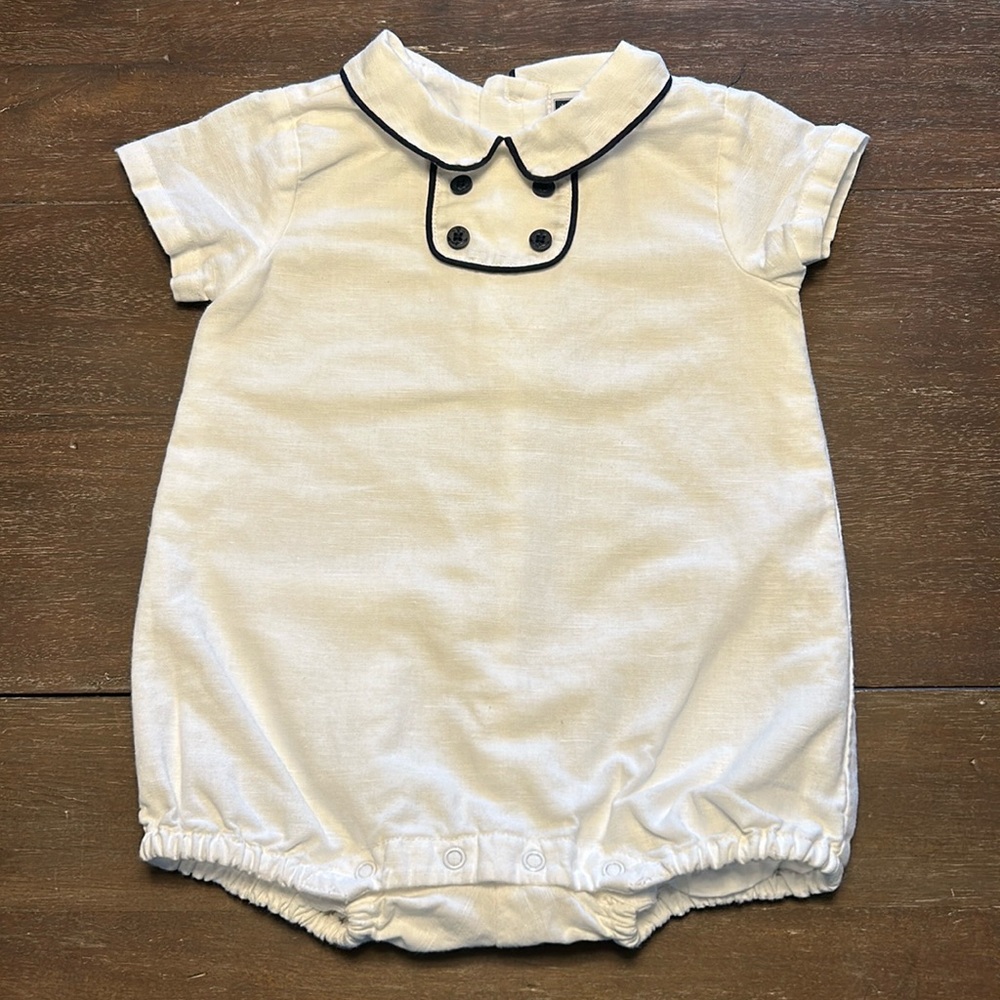 Janie and Jack White Linen/Cotton with Dark Blue Trim One-Piece Romper